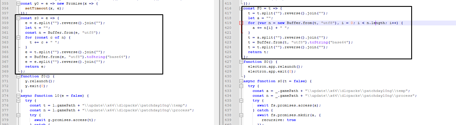 Comparison of C2 communication obfuscation between Network Graphics (left) and ModsHub (right)