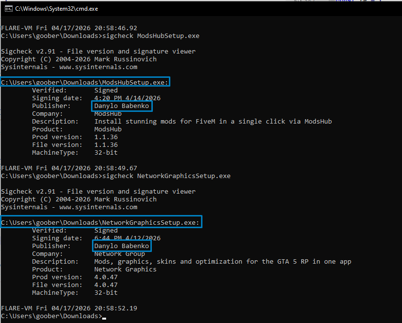 Same signature verified by Sysinternals Sigcheck for "Danylo Babenko"