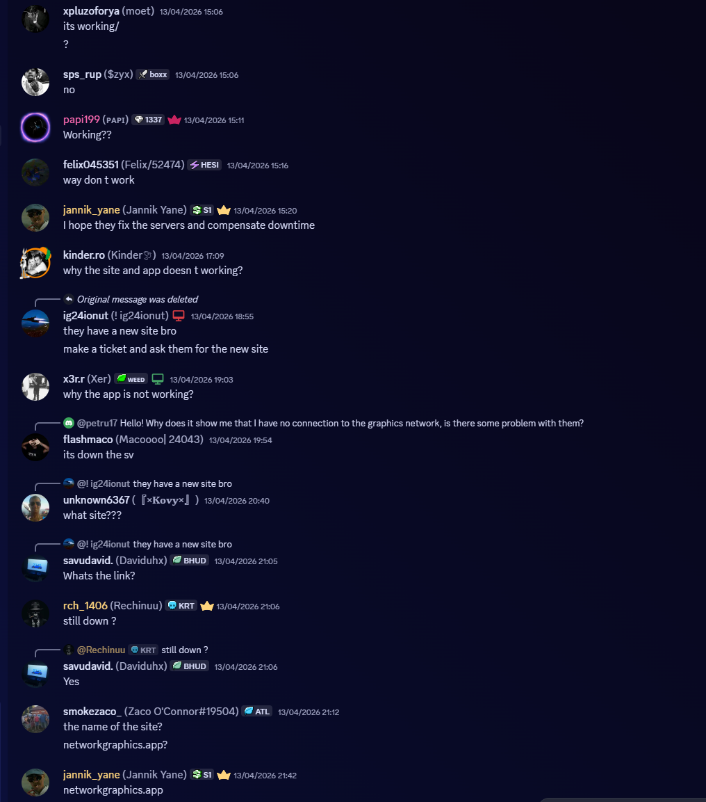 Users complaining on the official Discord server of Network Graphics