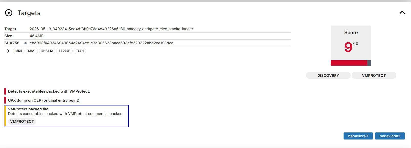 Tria.ge identified the VMProtect commercial packer