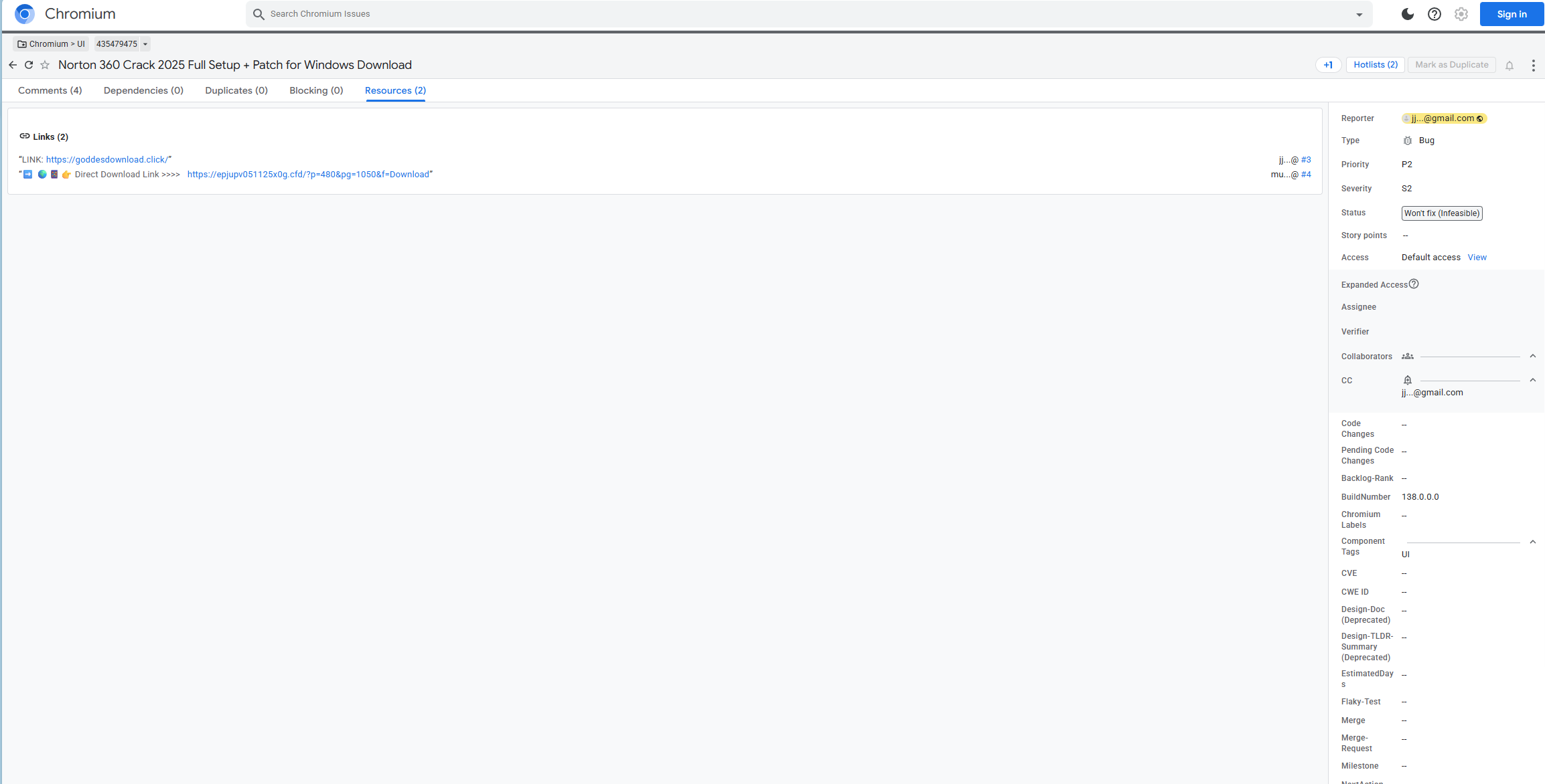 Malicious Chromium issue tracker page