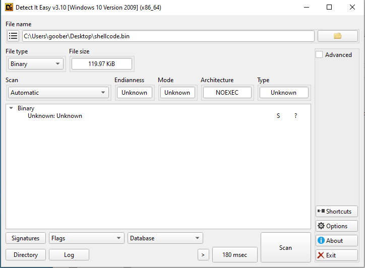 DetectItEasy of shellcode