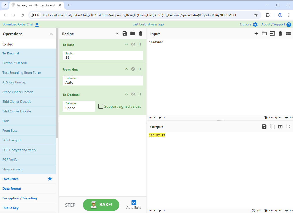 CyberChef recipe to decode the input into regular decimals