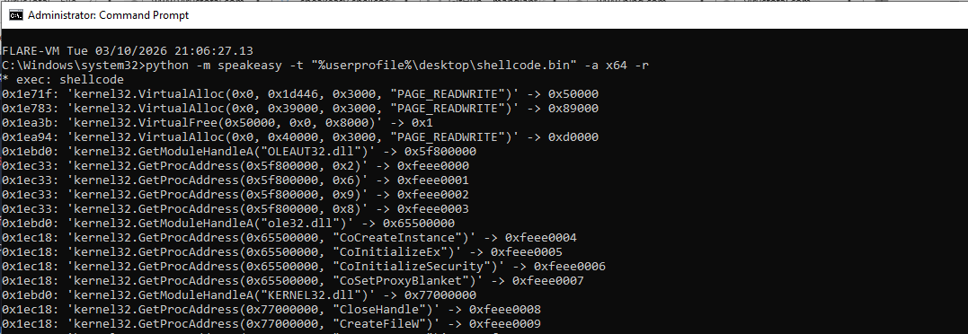 Executing shellcode.bin via SpeakEasy CLI
