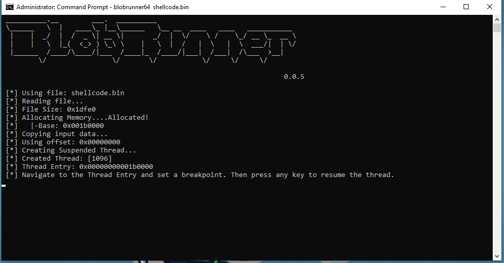 Executing shellcode.bin via BlobRunner