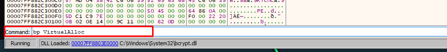 Set a breakpoint on VirtualAlloc using command bp VirtualAlloc
