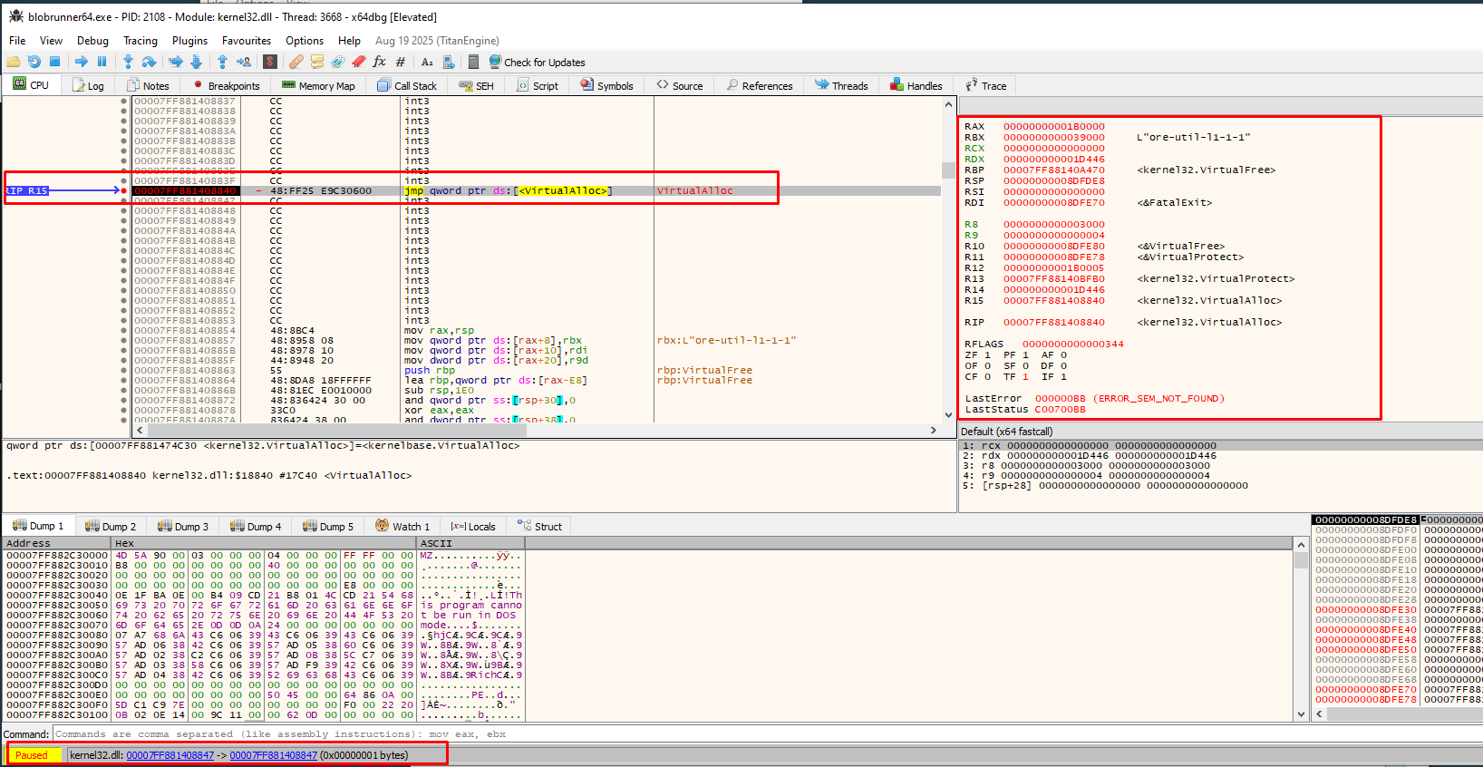 First breakpoint pause on VirtualAlloc