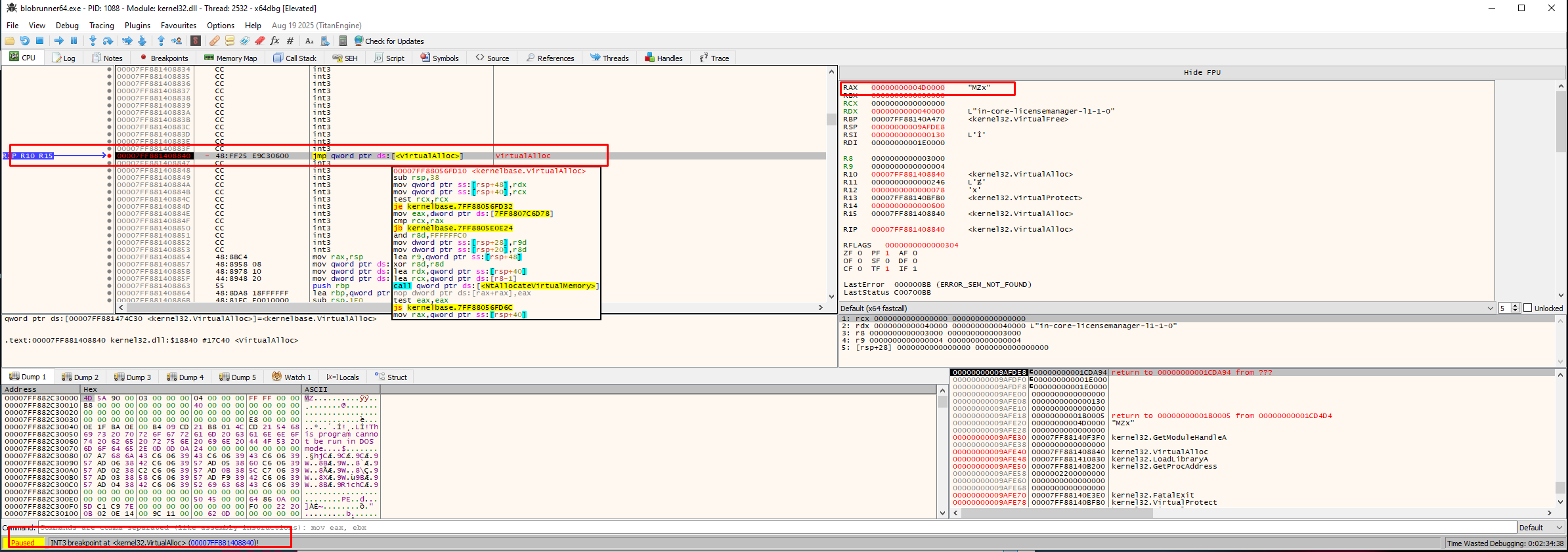 Third breakpoint pause on VirtualAlloc