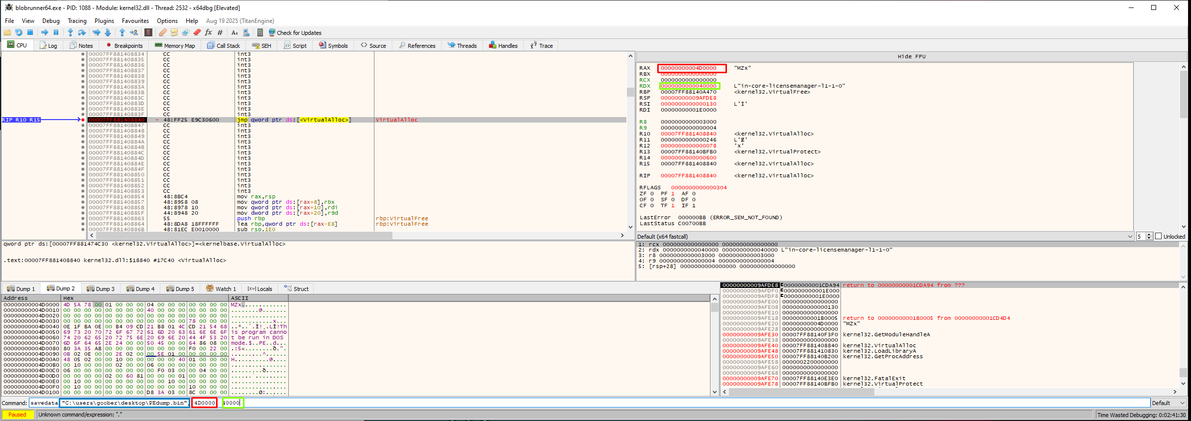 Dump 2 showing this is a PE file and dumping it to a file