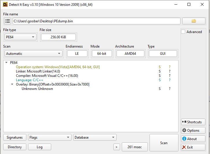 DetectItEasy of dumped file