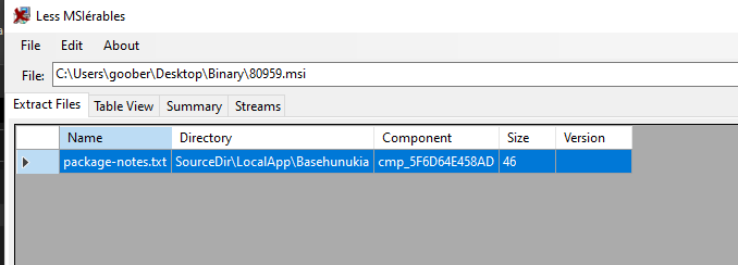 lessmsi's result when opening the MSI