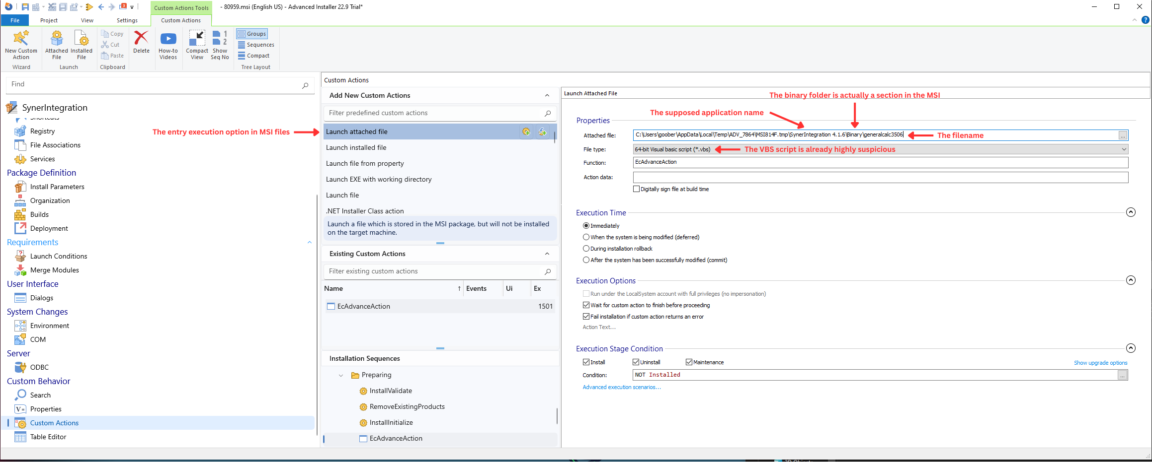 AdvancedInstaller displaying execution of a VBS file in the "Binary" section in the MSI