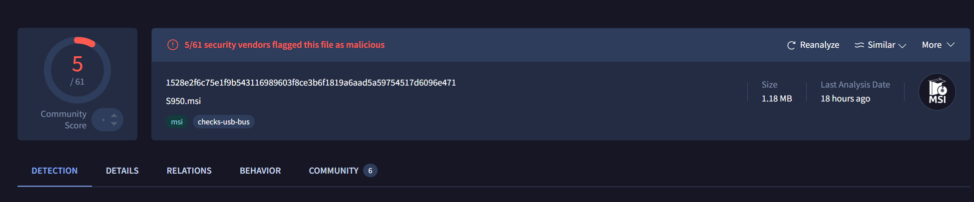 VirusTotal detection ratio of initial delivery MSI