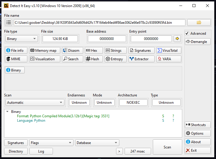 DetectItEasy of downloaded sample